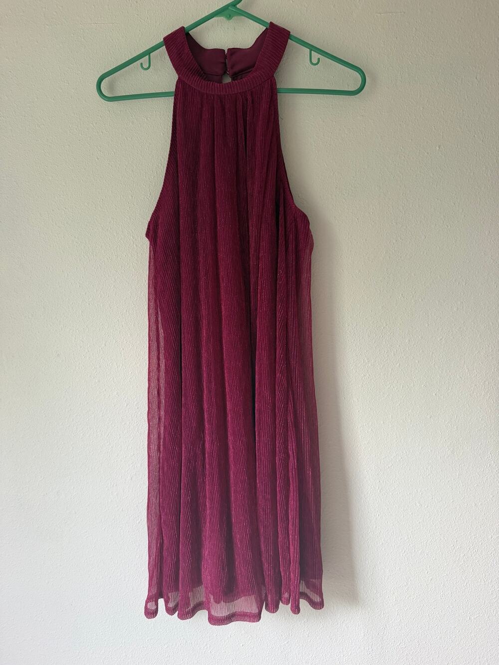 Magenta Pink Metallic Sparkly Halter Neck Pleated Mini Party Dress Size Large